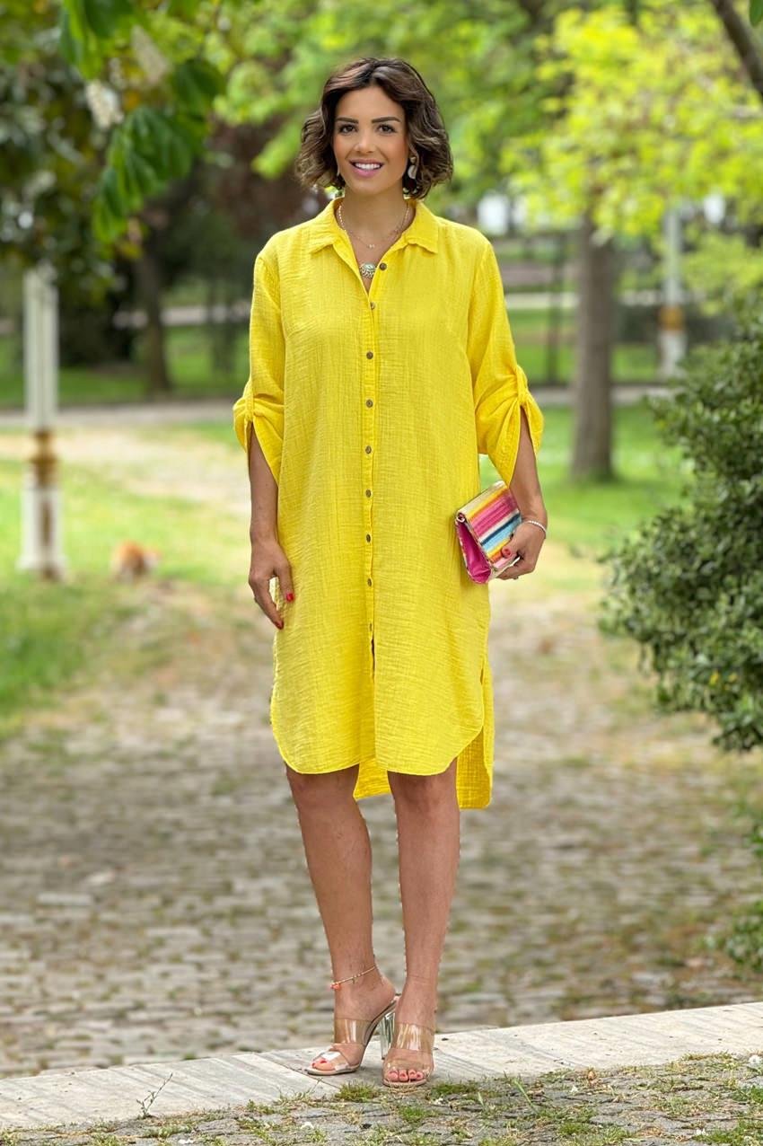 Sarı %100 Pamuk Yumuşacık Müslin Gömlek Elbise
