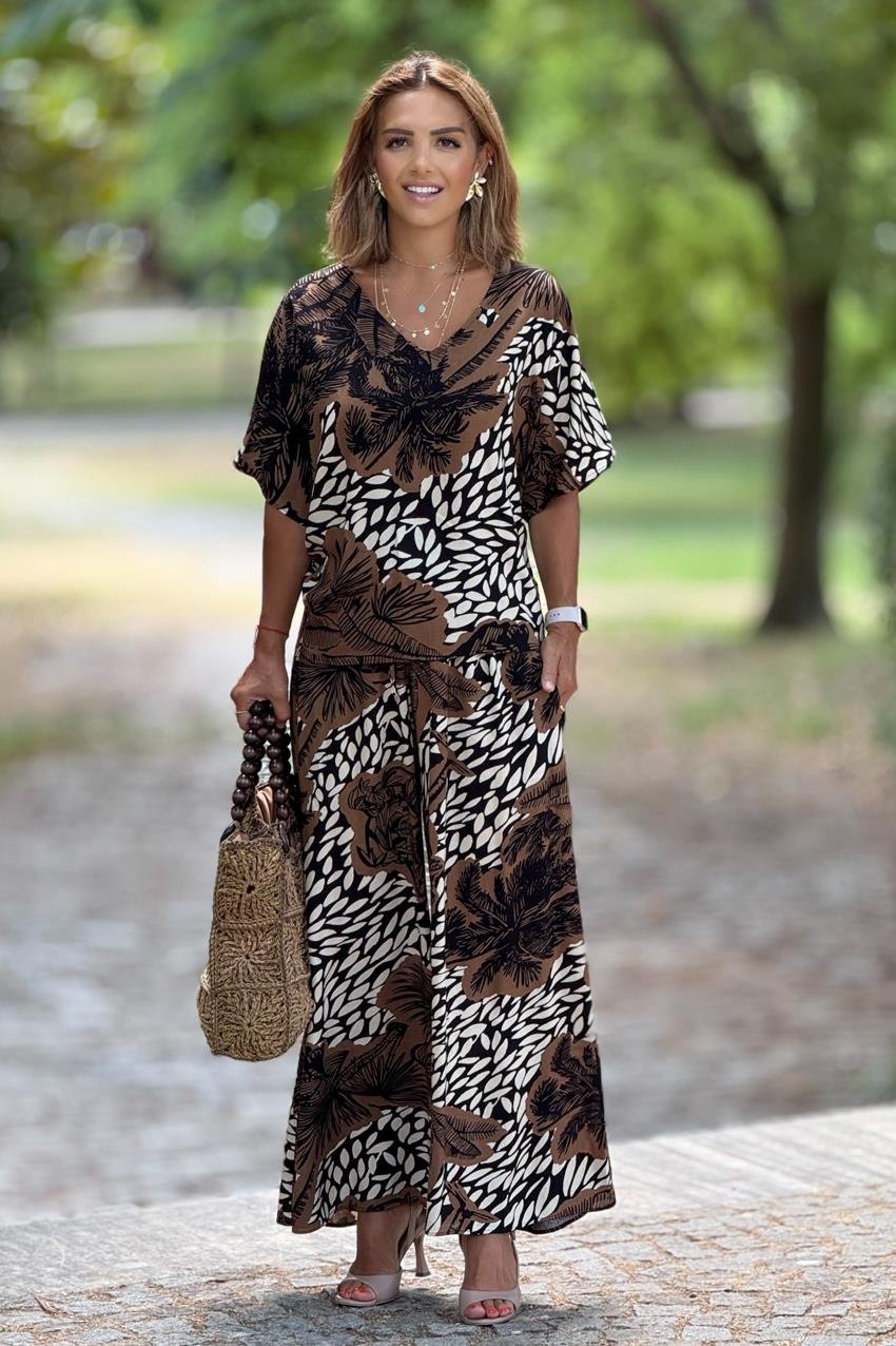 Sicily Kahverengi Tropik Desenli Pantolon Bluz İkili Takım