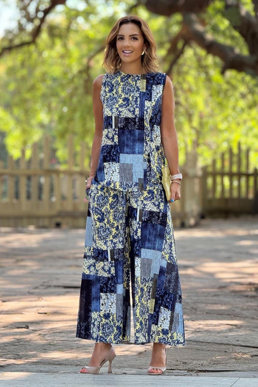 Sicily Mavi Amber Desenli Pantolon Bluz İkili Takım