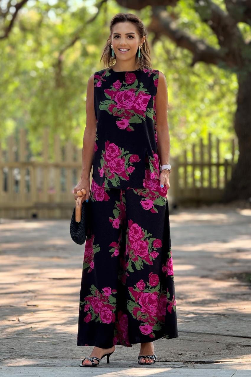 Sicily Pembe Gül Desenli Pantolon Bluz İkili Takım