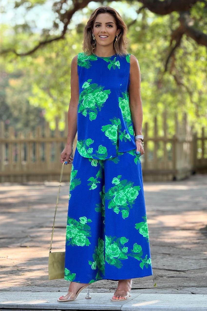 Sicily Yeşil Gül Desenli Pantolon Bluz İkili Takım