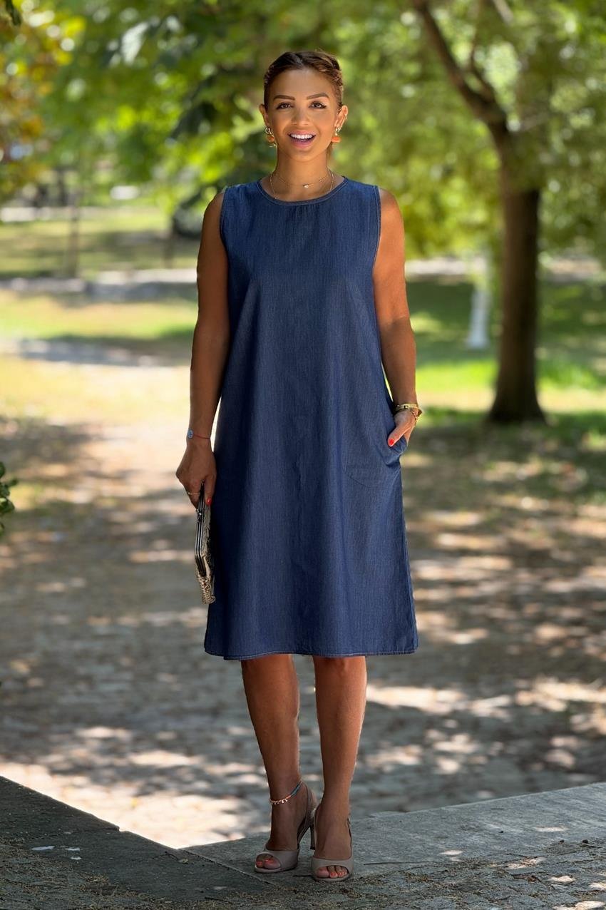 Sıfır Kol Kot Rengi %100 Pamuk Tensel Elbise