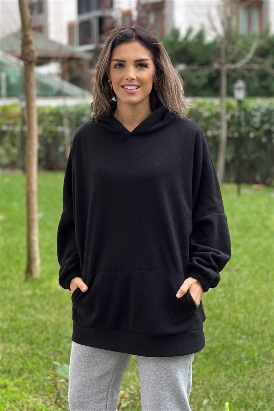 Siyah 3 İplik Kalın İçi Şardonlu Kışlık Sweatshirt