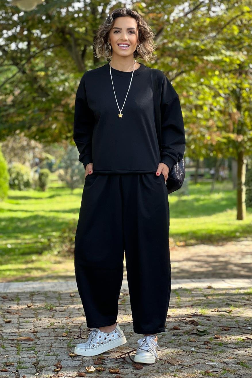 Siyah Basic Eşofman Takım - Bisiklet Yaka