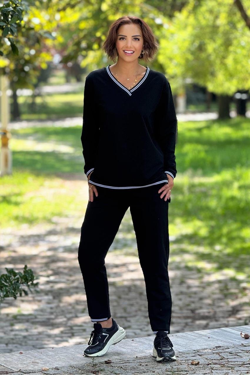 Siyah Beyaz Biyeli Uzun Kollu %100 Pamuk Takım