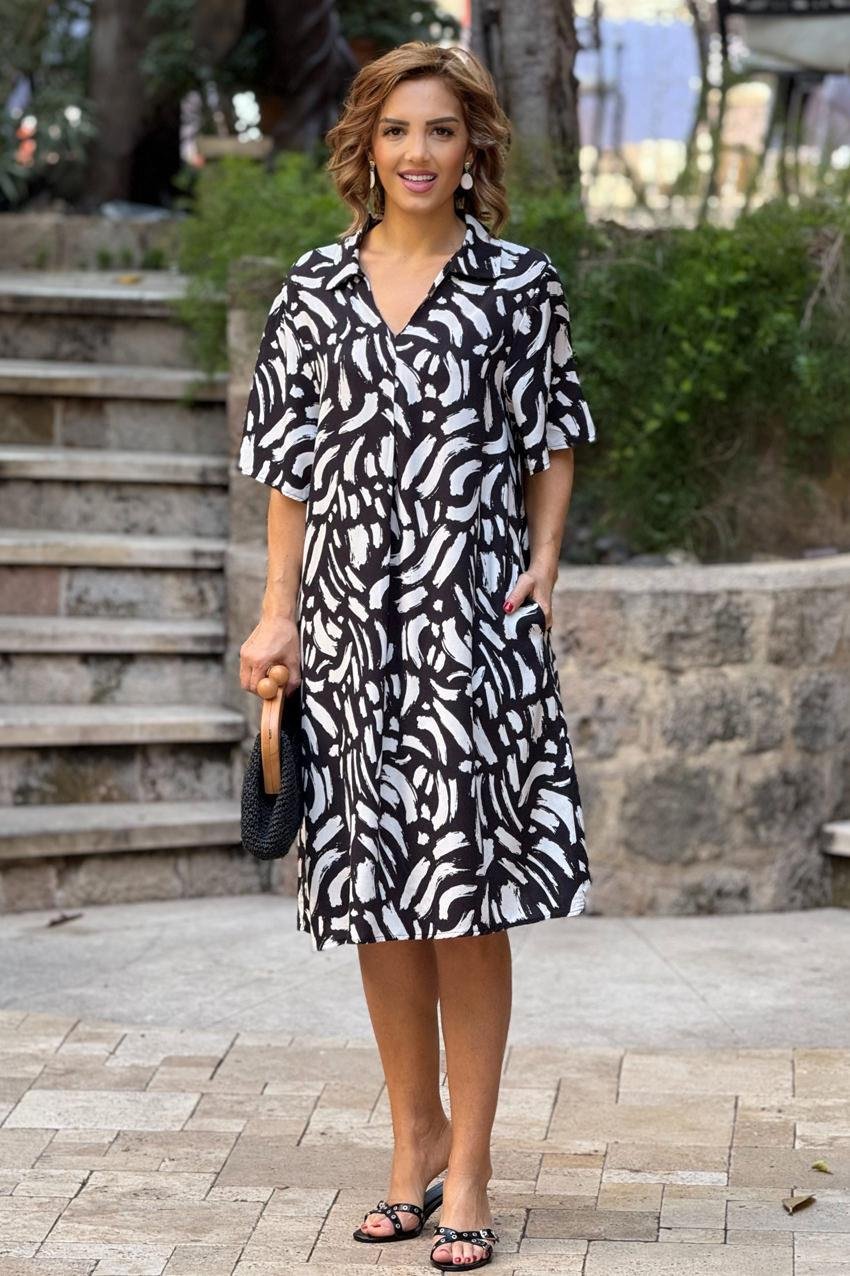 Siyah Beyaz Lal Desen Gömlek Yaka %100 Pamuk Viskon Elbise