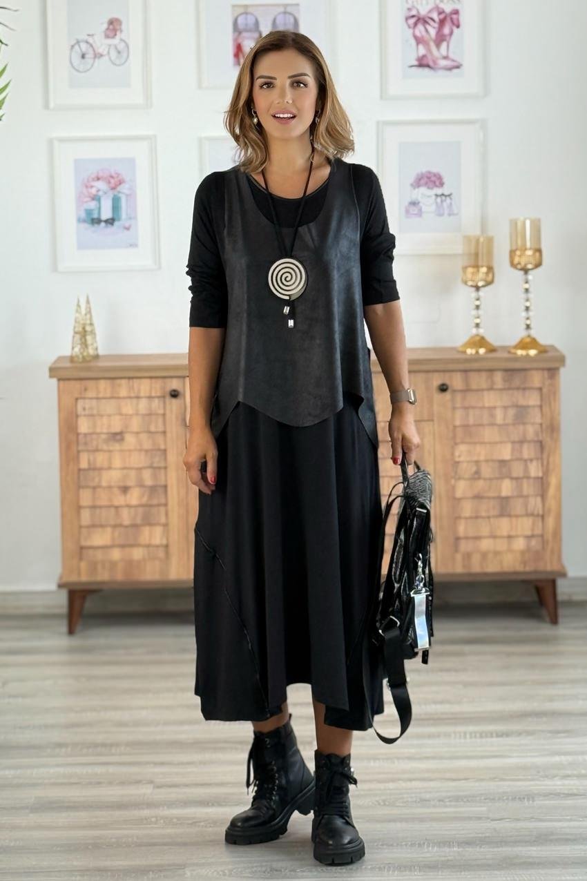 Siyah Bohem Elbise Deri Yelek ve Kolye Hediyeli