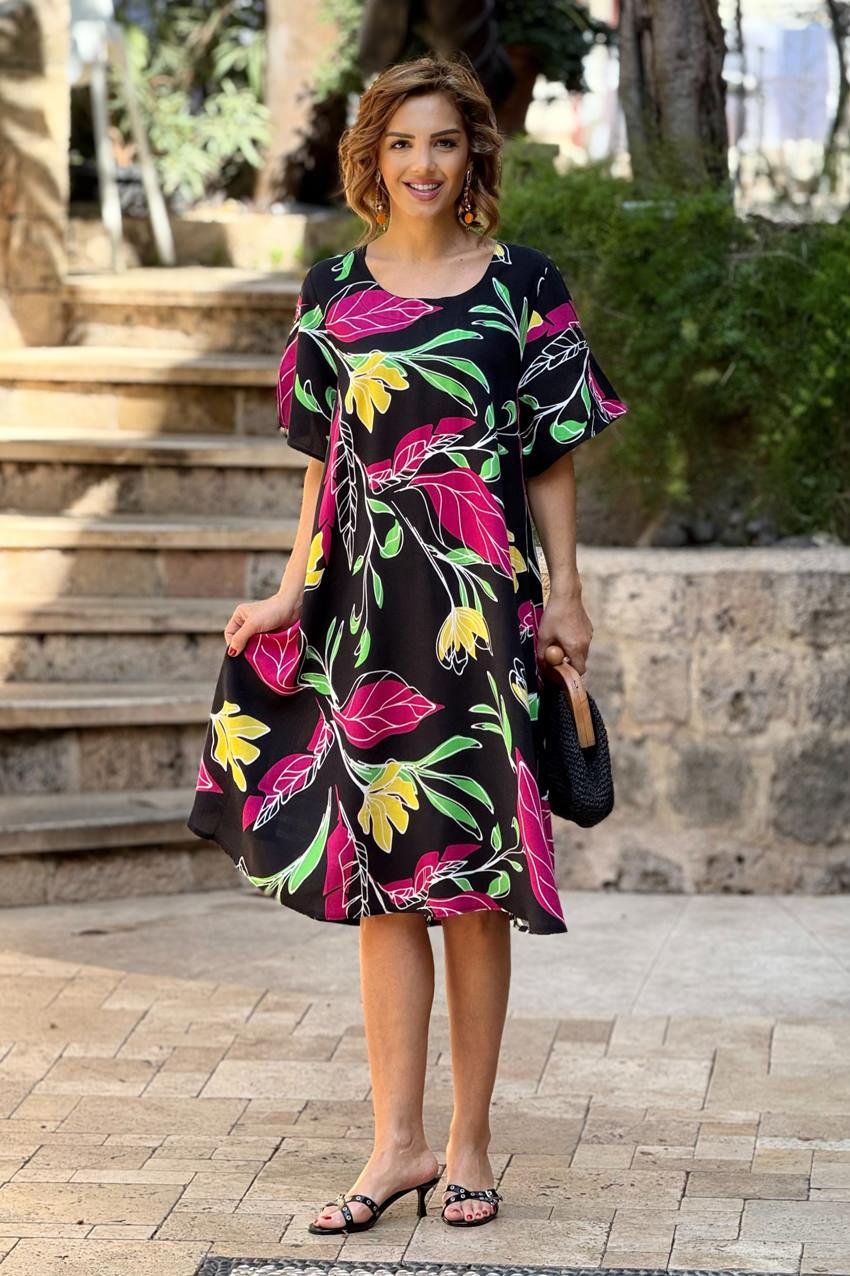 Siyah Botanik Kayık Yaka %100 Pamuk Viskon Elbise