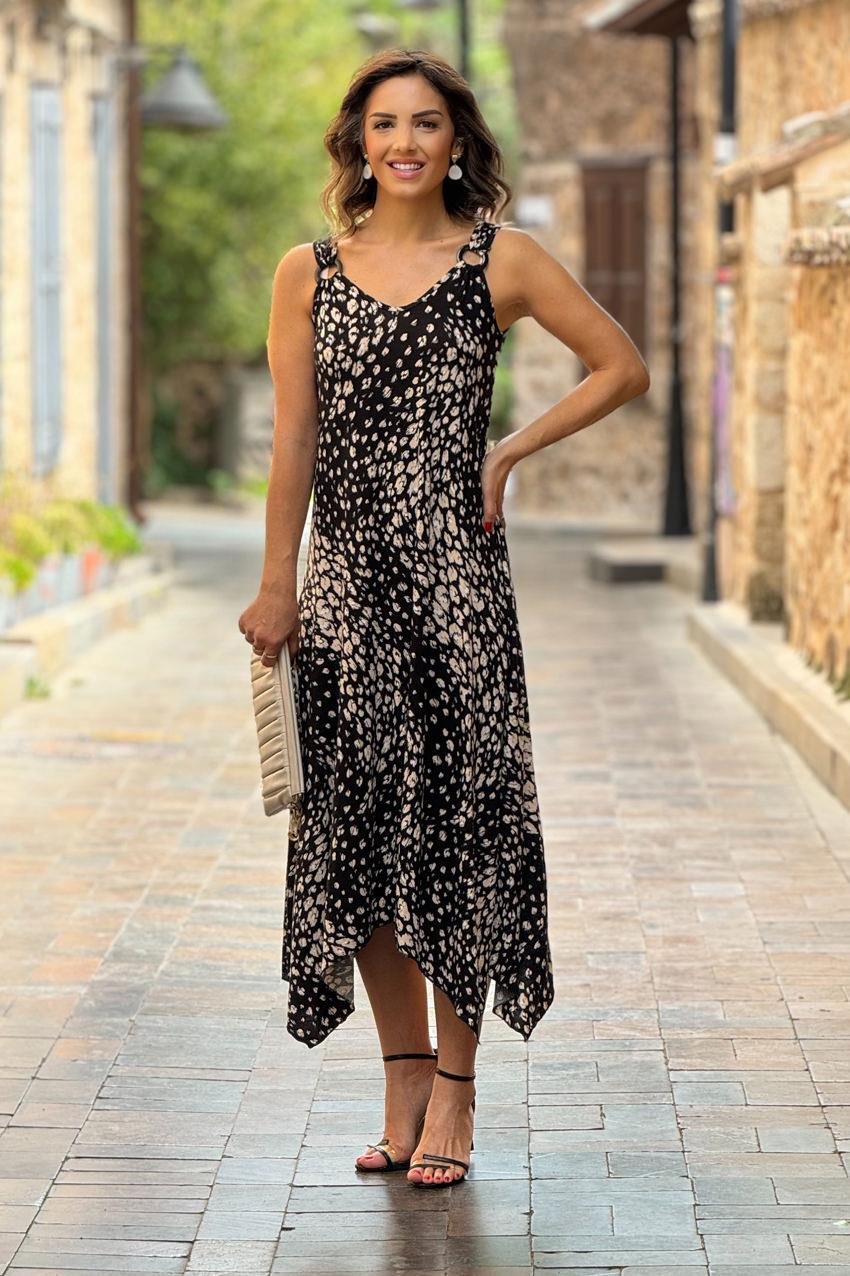 Siyah Çakıltaşı Desenli Tokalı Askılı Pamuklu Elbise