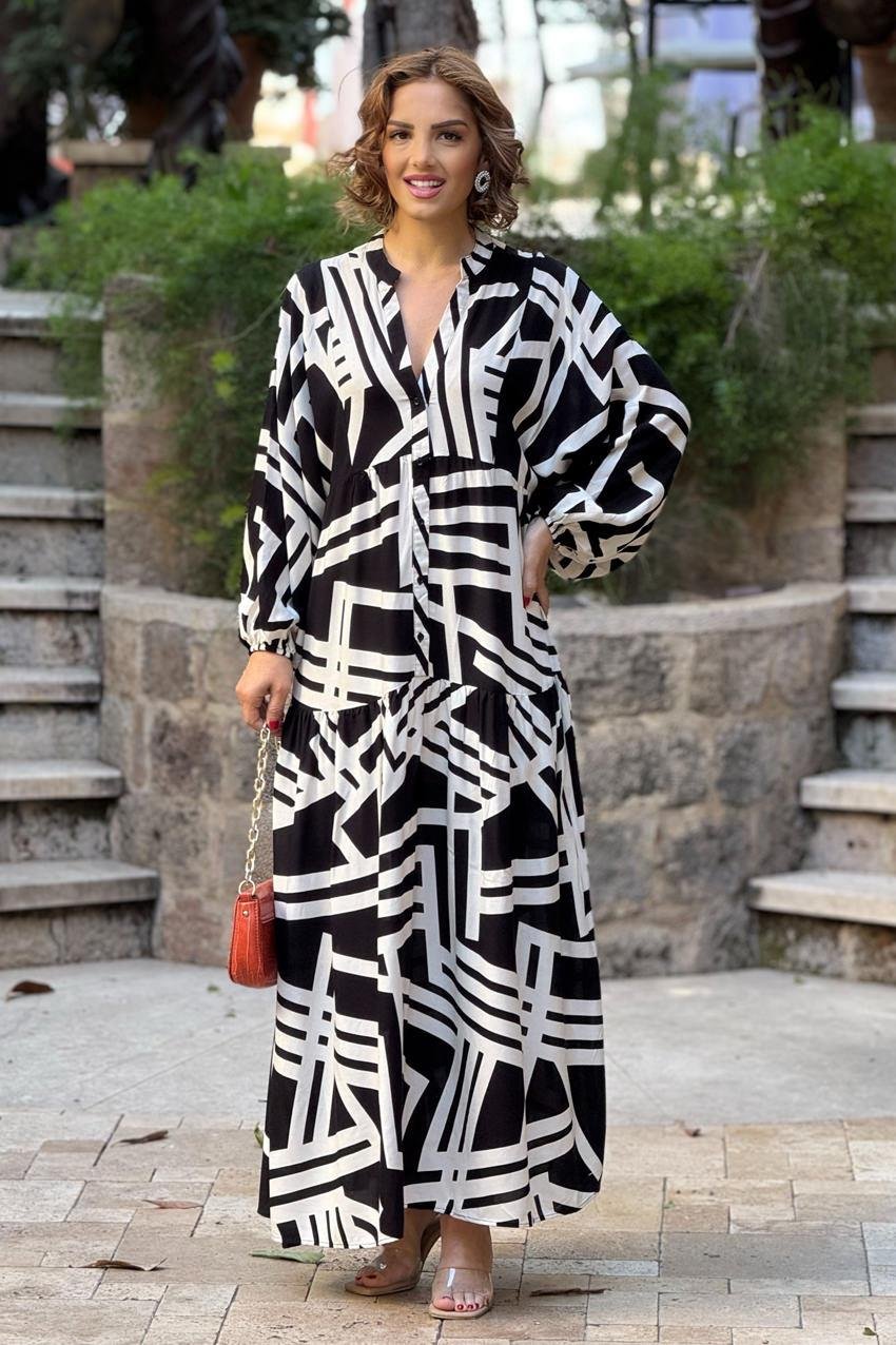 Siyah Çubuk Desenli %100 Pamuk Viskon Elbise