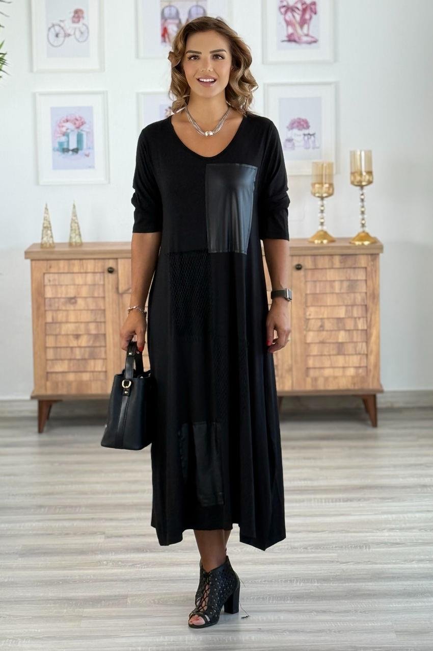 Siyah Dama Desenli Penye Viskon Elbise