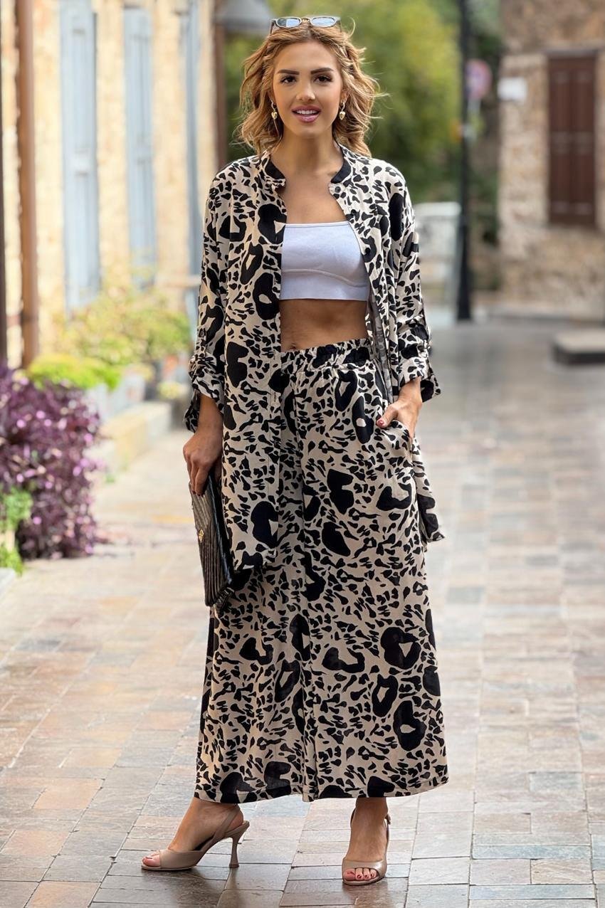 Siyah Desenli %100 Pamuk Pantolon Gömlek İkili Takım