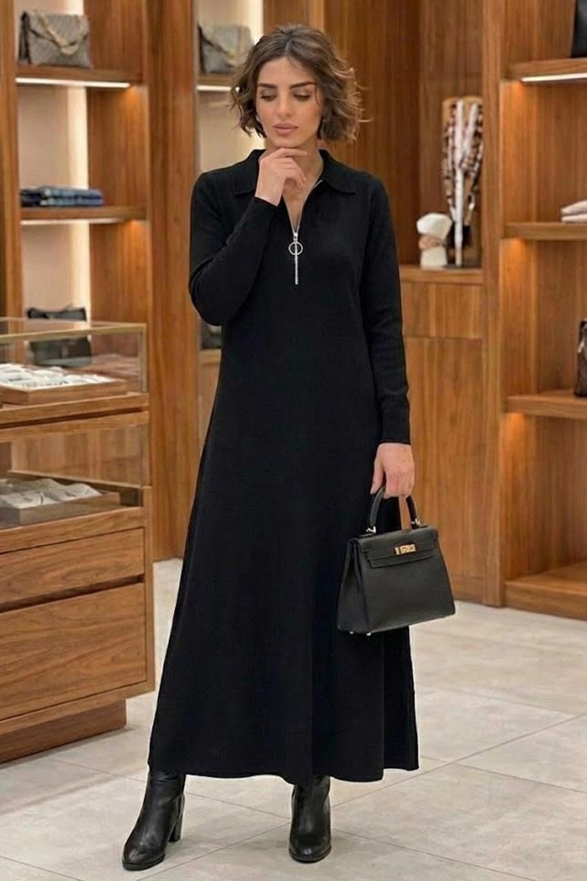 Siyah Elegance Modal Kumaş Fermuar Detaylı Elbise