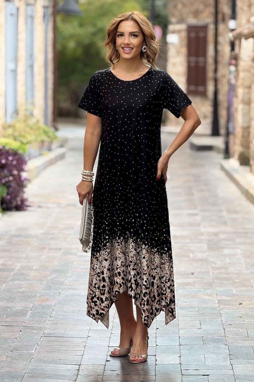 Siyah Etekleri Leopar Desen Verev Kesim Elbise