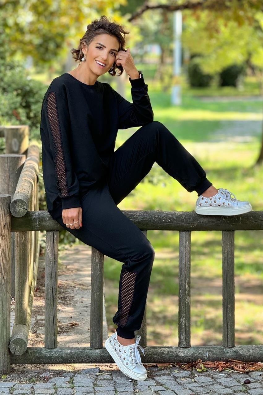 Siyah File Detaylı %100 Pamuk Eşofman Takım