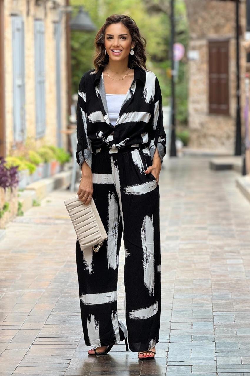 Siyah Fırça Boya Desenli %100 Pamuk Pantolon Gömlek İkili Takım