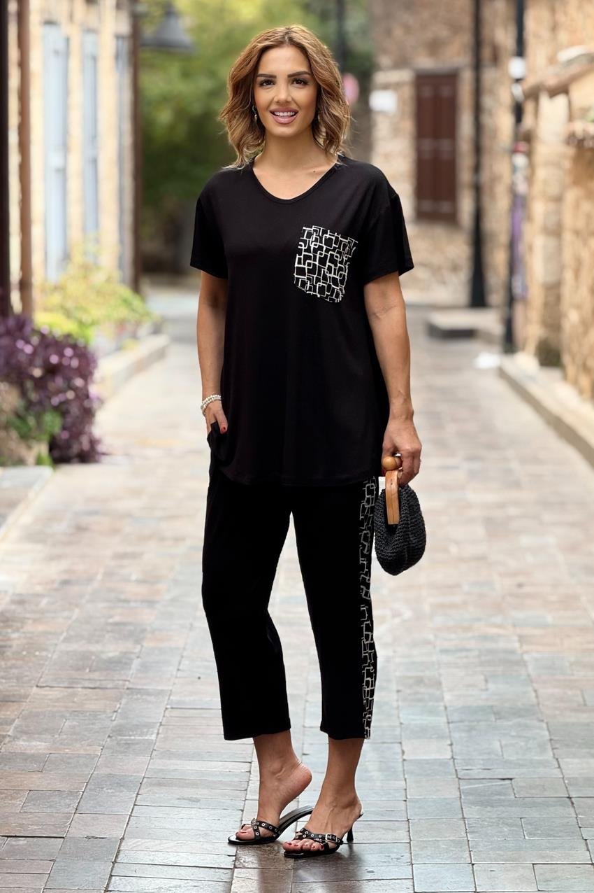 Siyah Göğsü Cepli Pamuklu Kapri Takım