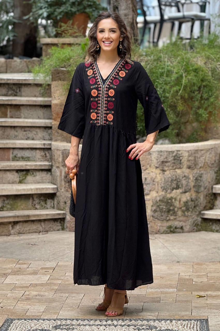 Siyah Göğsü Halep Nakışlı Elbise