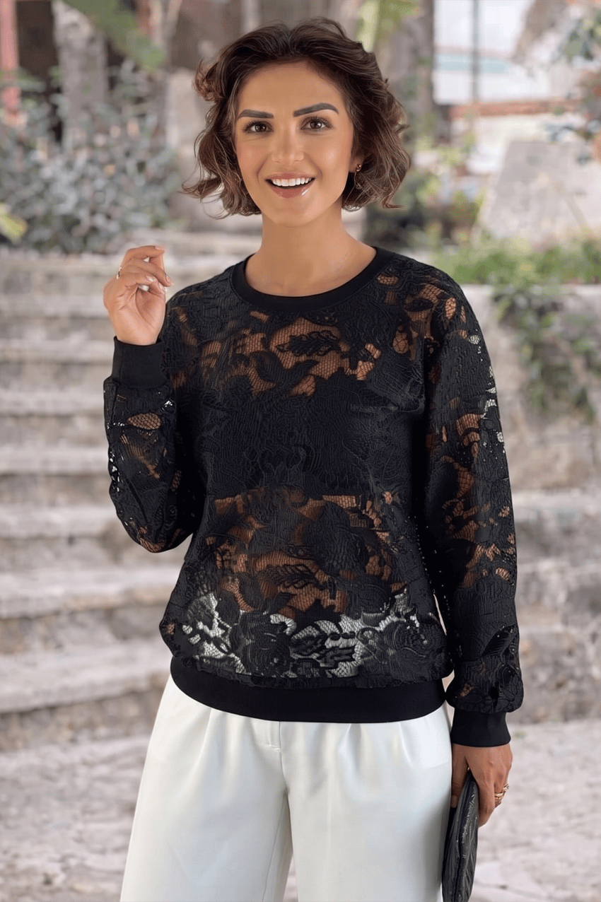 Siyah Güpürlü Tasarım Sweatshirt