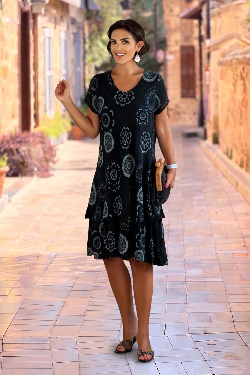 Siyah İtalyan Mandala Desenli %100 Pamuk Elbise