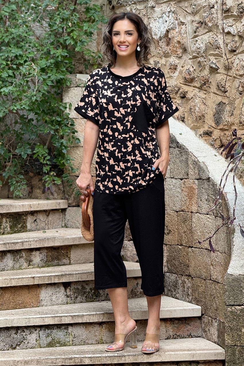 Siyah Kahverengi Taş Desenli Pamuklu Kapri Takım