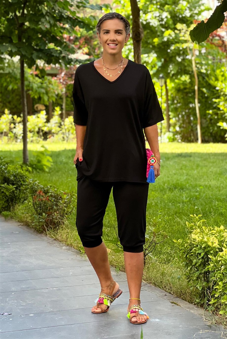 Siyah Kapri Yazlık Pamuklu Penye İkili Takım