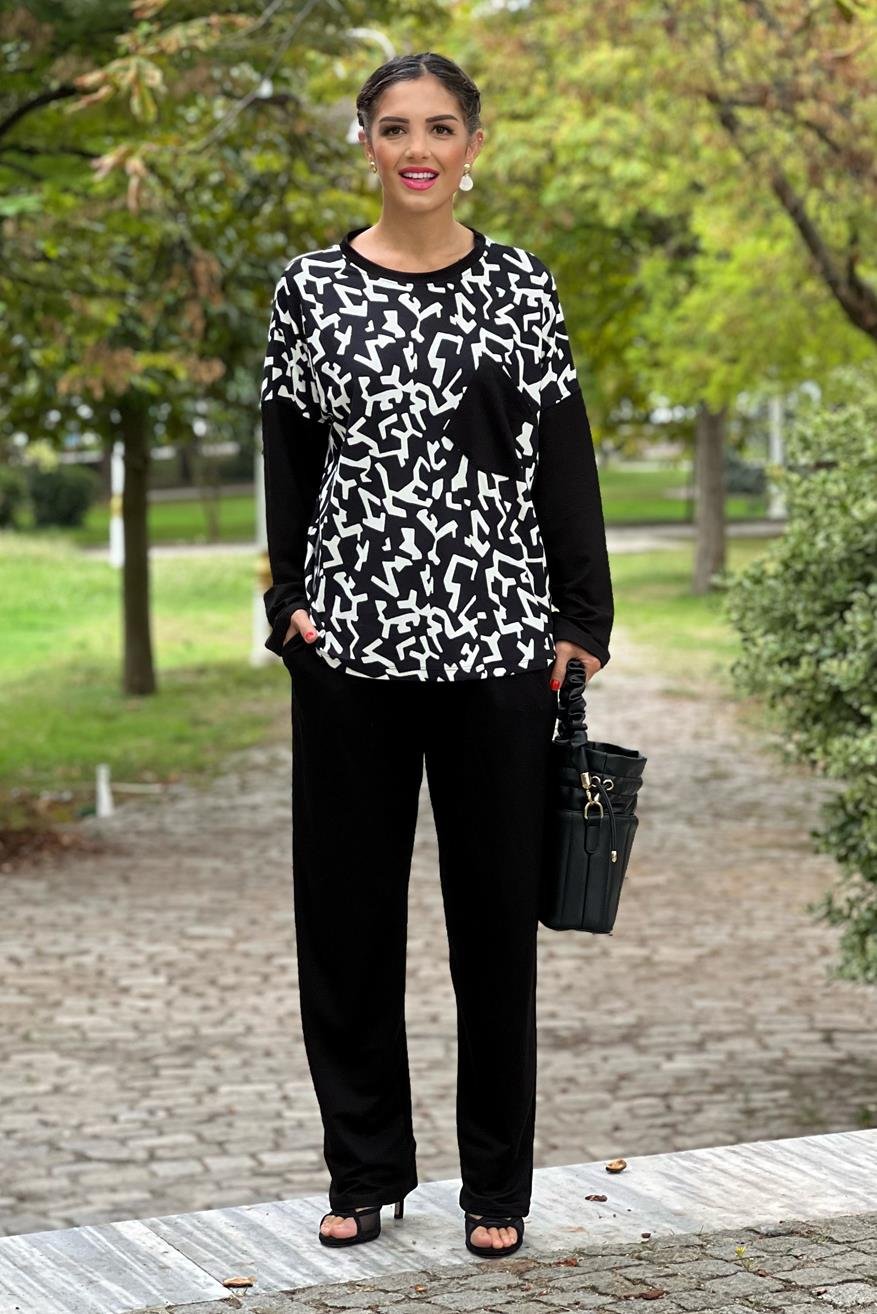 Siyah Kartanesi Pantılon Bluz İkili Takım