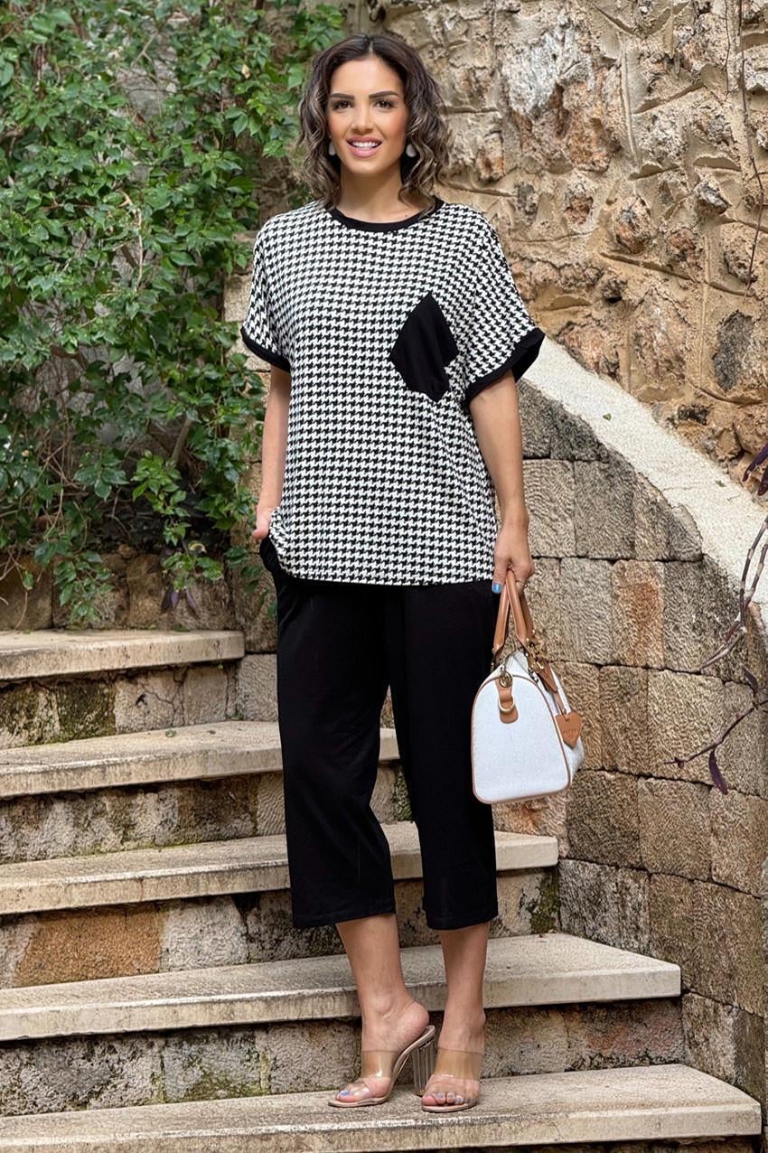 Siyah Kazayağı Desenli Pamuklu Kapri Takım