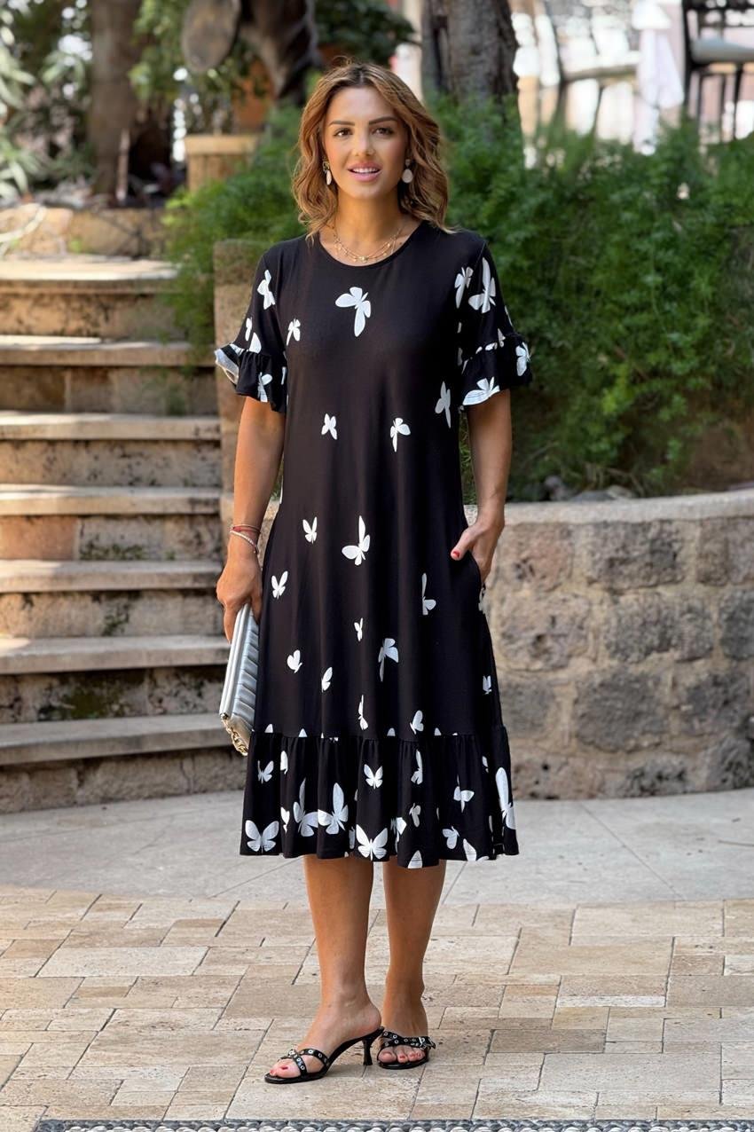 Siyah Kelenek Desenli Etekleri Fırfırlı Yazlık Pamuklu Penye Elbise