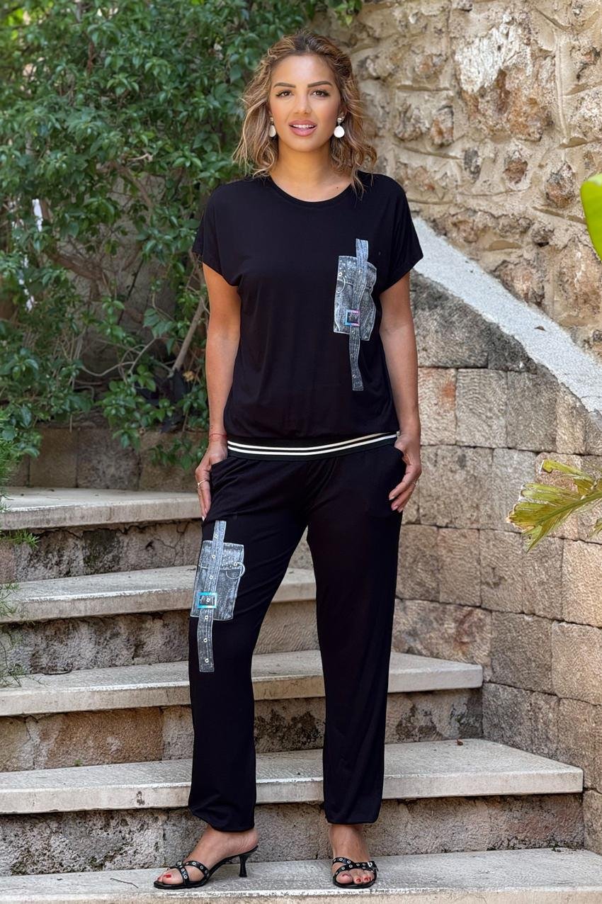 Siyah Kemer Detaylı Pamuklu Takım