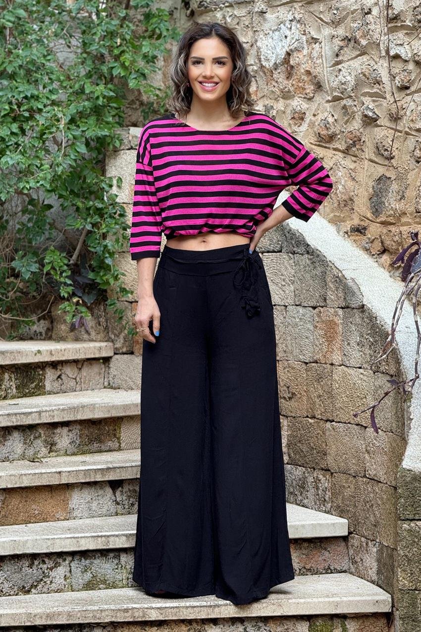 Siyah Kemerli %100 Pamuk Bohem Pantolon