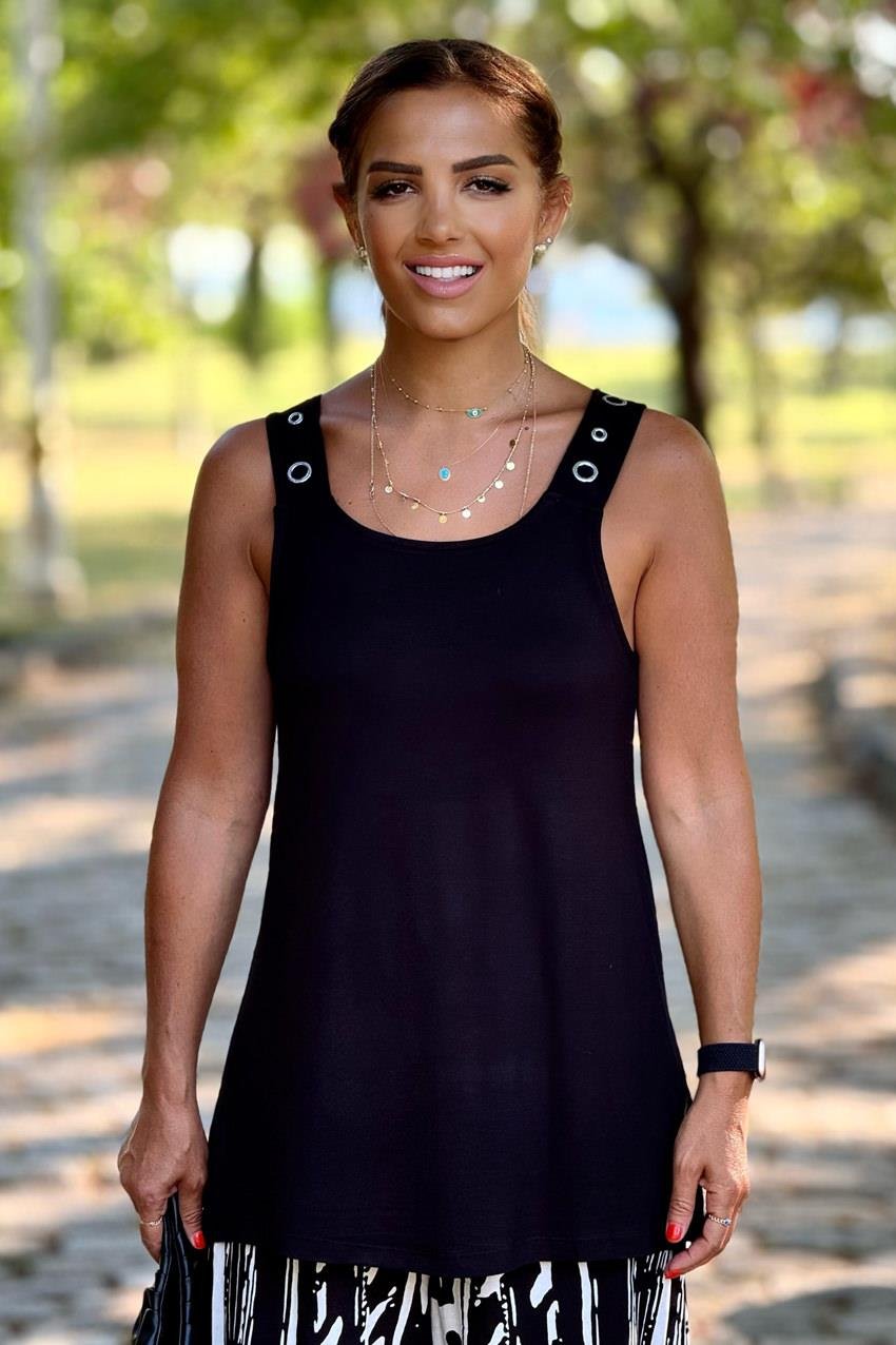 Siyah Kuşgözü Detaylı %100 Bambu Pamuk Bluz