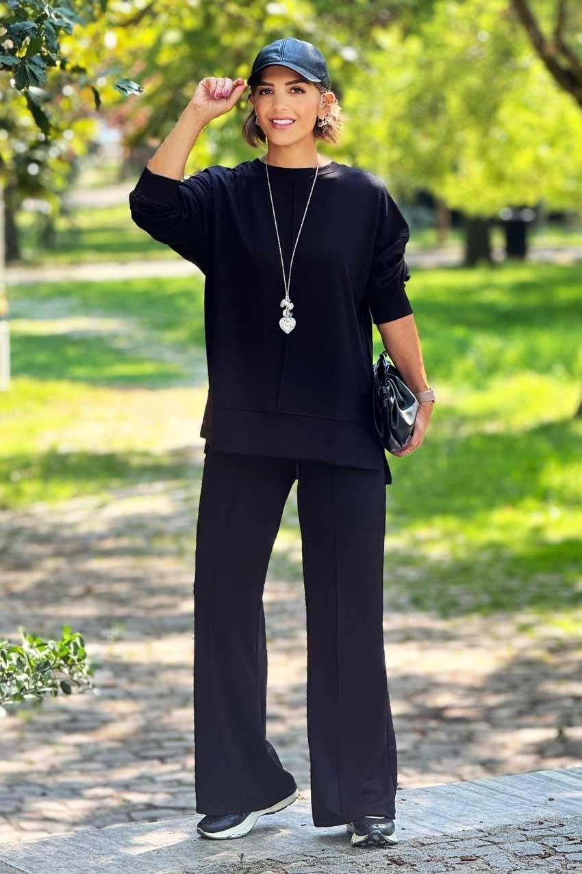 Siyah Modal Kumaş Pantolon Bluz Takım