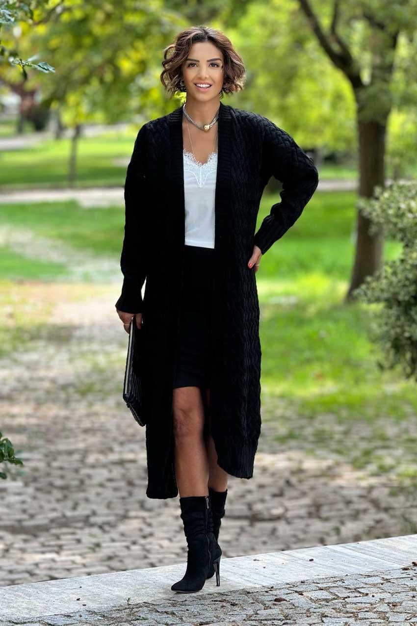 Siyah Örme Uzun Triko Hırka