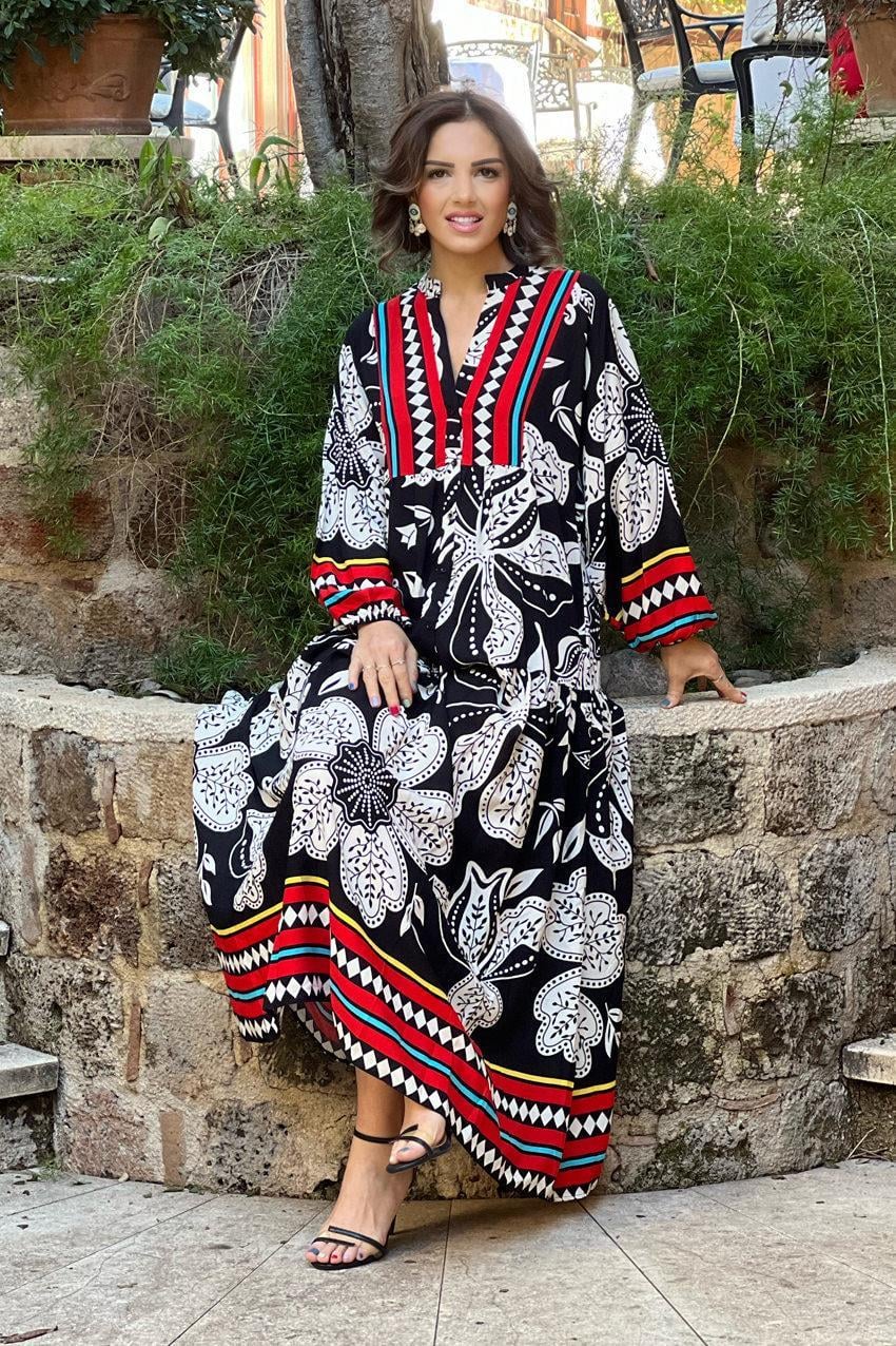 Siyah Palermo Desenli %100 Pamuk Uzun Elbise