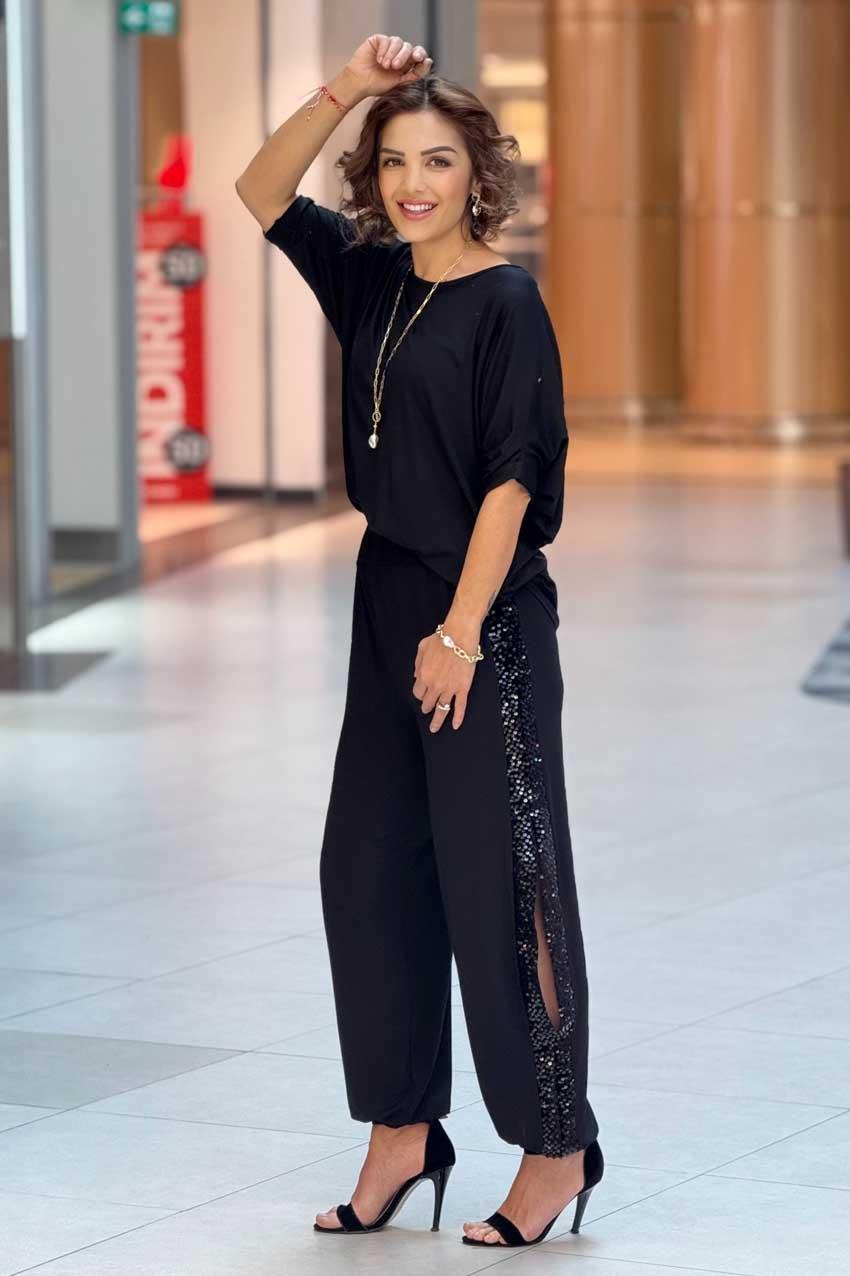 Siyah Pul Payet Detaylı Yırtmaçlı Pamuklu Şalvar