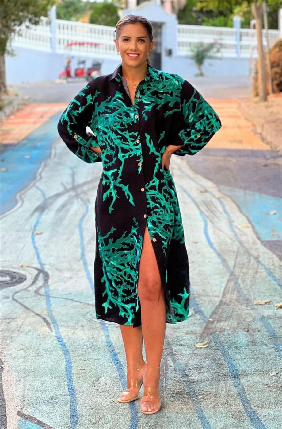 Siyah Renk Resif Desenli Gömlek Elbise