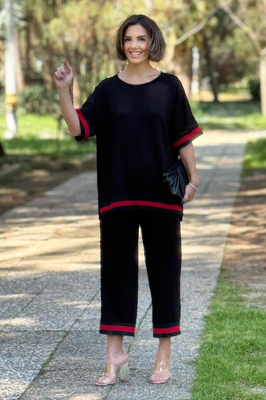 Siyah Ribanalı Pamuklu Pantolon Bluz İkili Takım