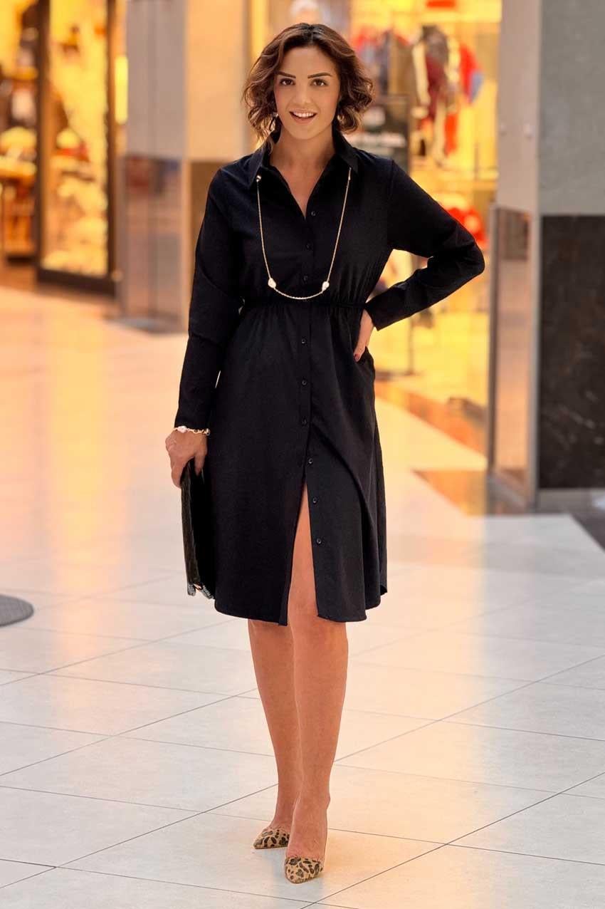 Siyah Saten Gömlek Elbise