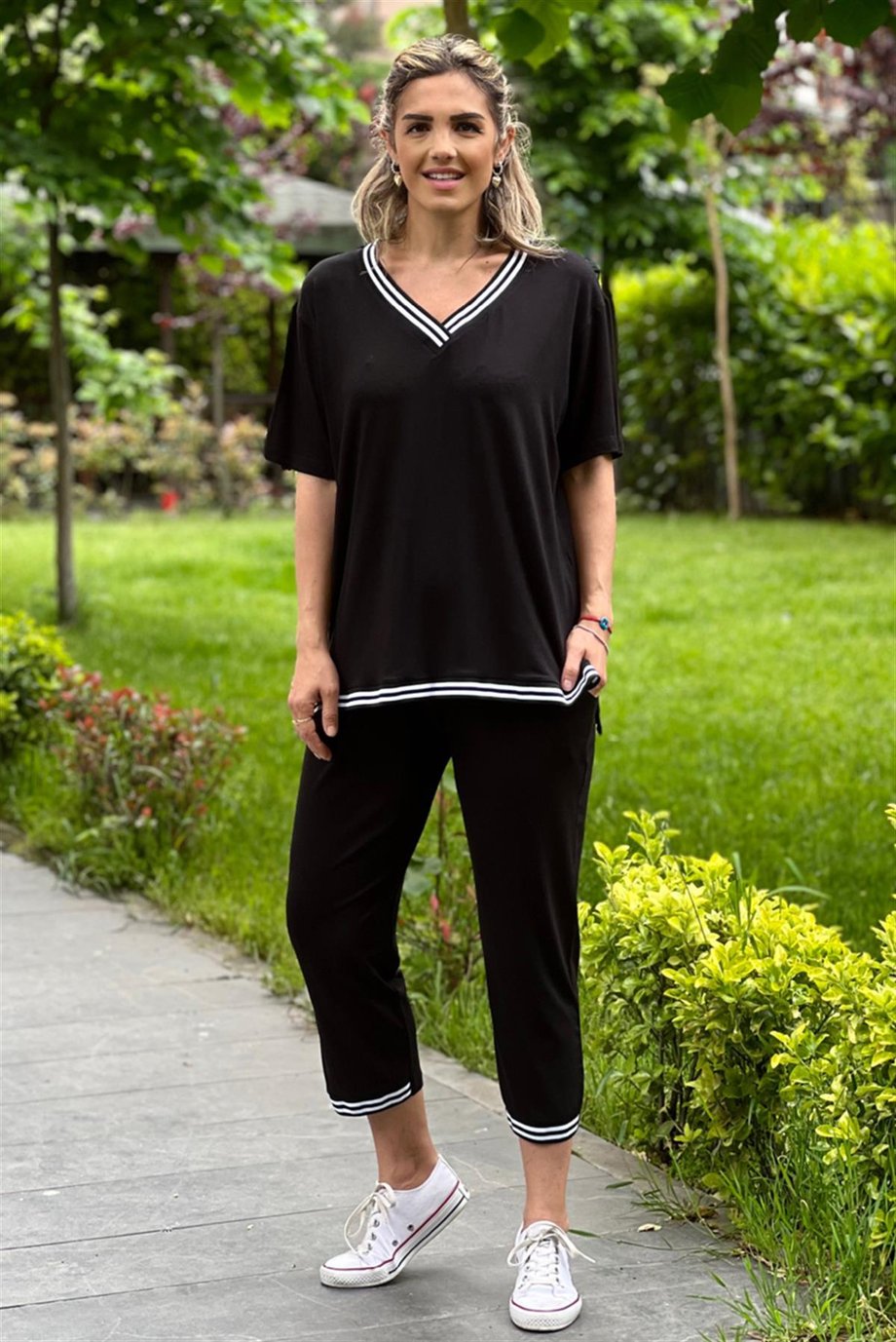 Siyah Şeritli İkili Takım - Pantolon Bluz