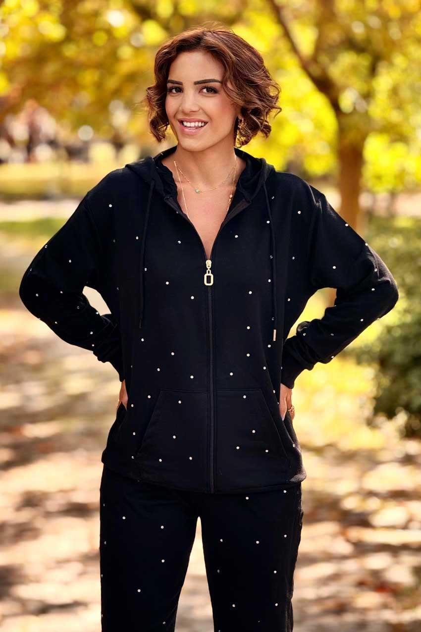 Siyah Serpme Taş Detaylı %100 Pamuk Eşofman Takım