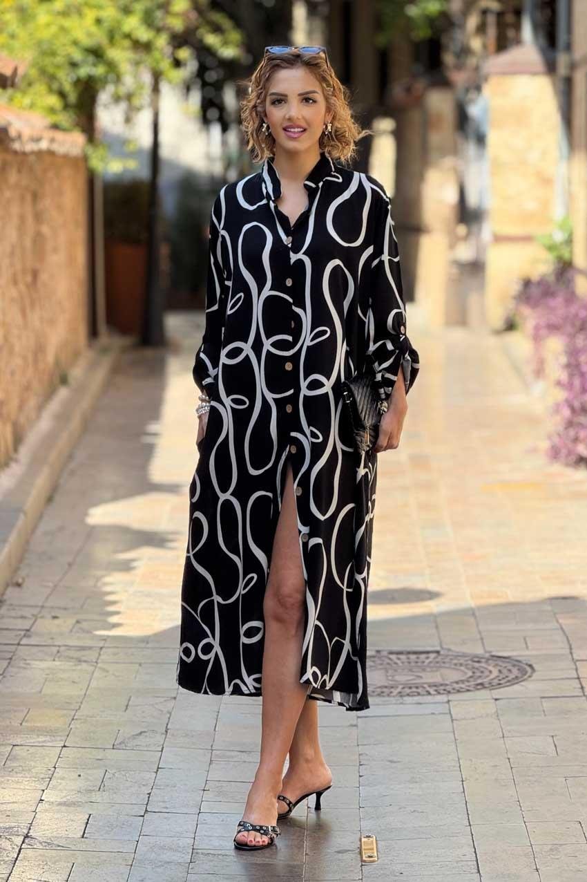 Siyah Spiral Desenli Gömlek Elbise %100 Pamuk Viskon