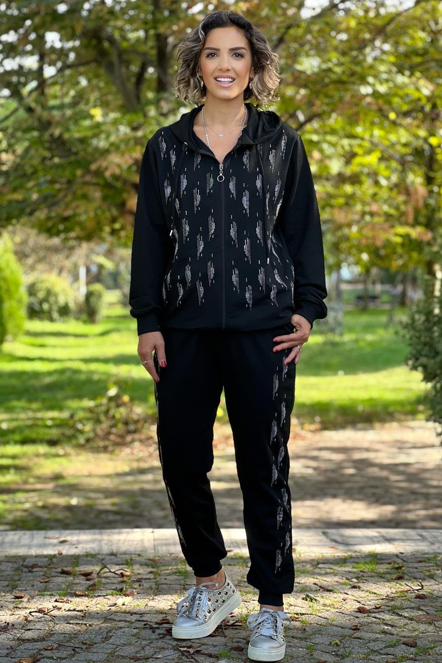 Siyah Su Damlası Taşlı %100 Pamuk Eşofman Takımı