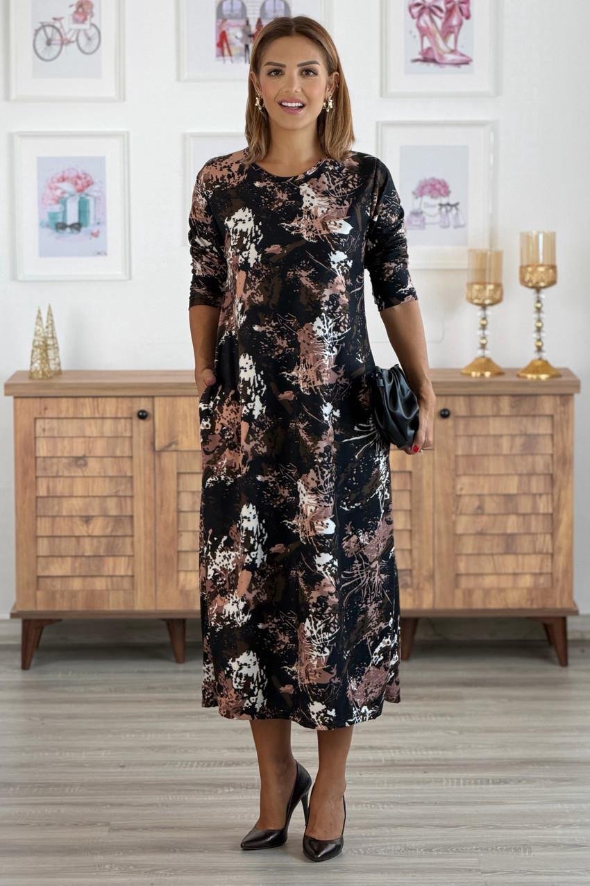 Siyah Tuval Desenli Zımparalı Süet Elbise