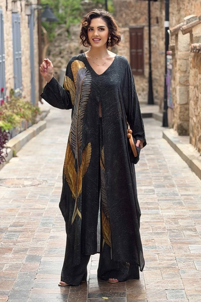 Siyah Tüy Detaylı Pantolon Tunik Takım 
