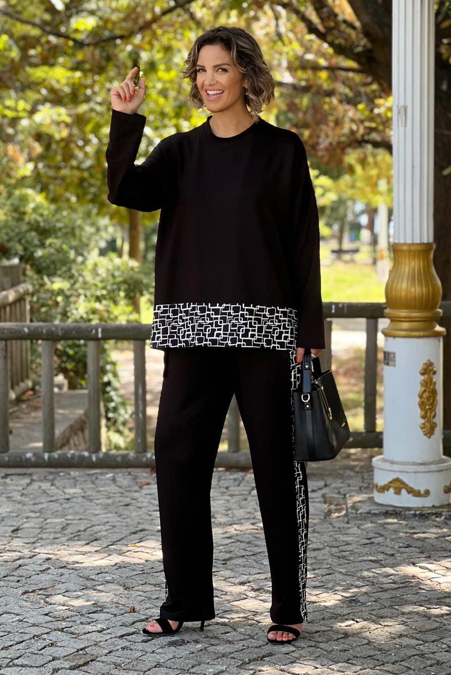 Siyah Uzun Kollu Zİncir Garnili İkili Takım