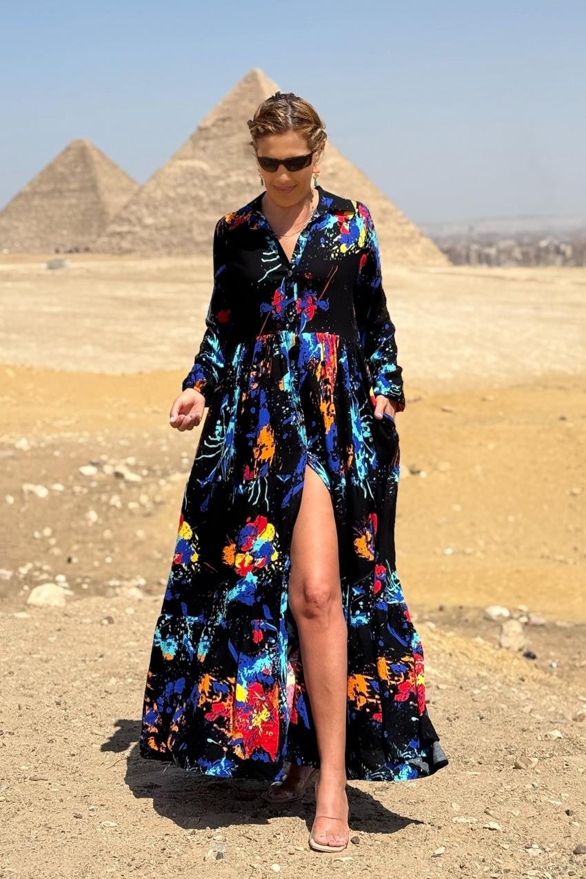 Siyah Yağlı Boya Gömlek Elbise %100 Pamuk Viskon