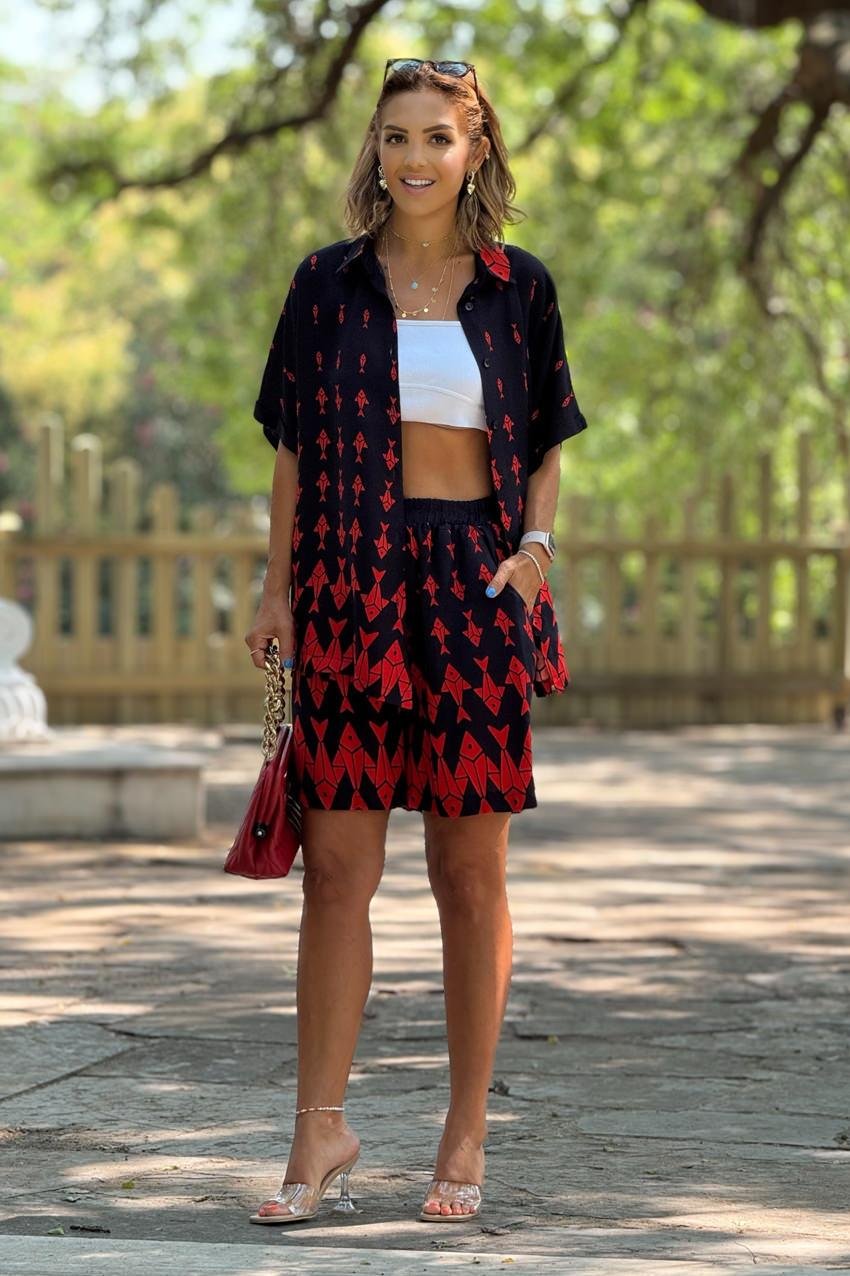 ŞORT GÖMLEK TAKIM - Lacivert Balık Desenli