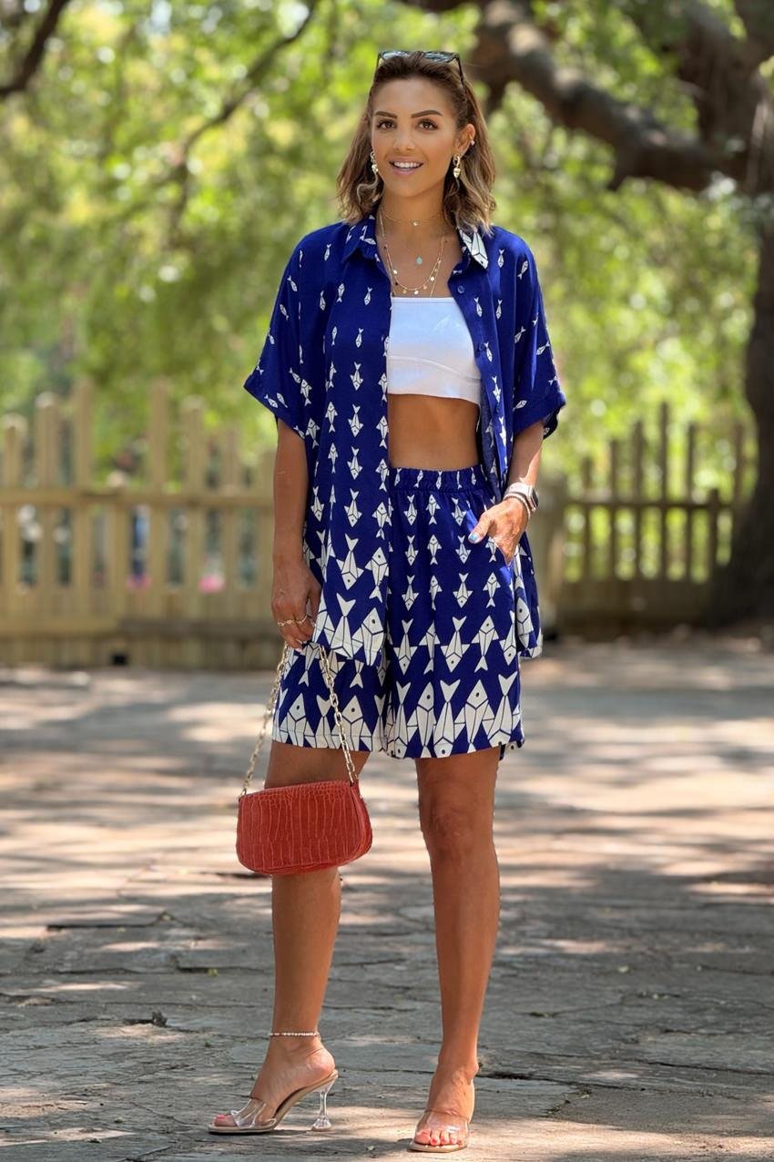 ŞORT GÖMLEK TAKIM - Mavi Balık Desenli