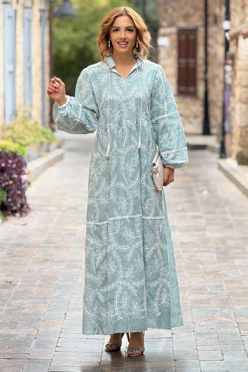 Su Yeşili Kösem Sultan Fistolu Astarlı Elbise